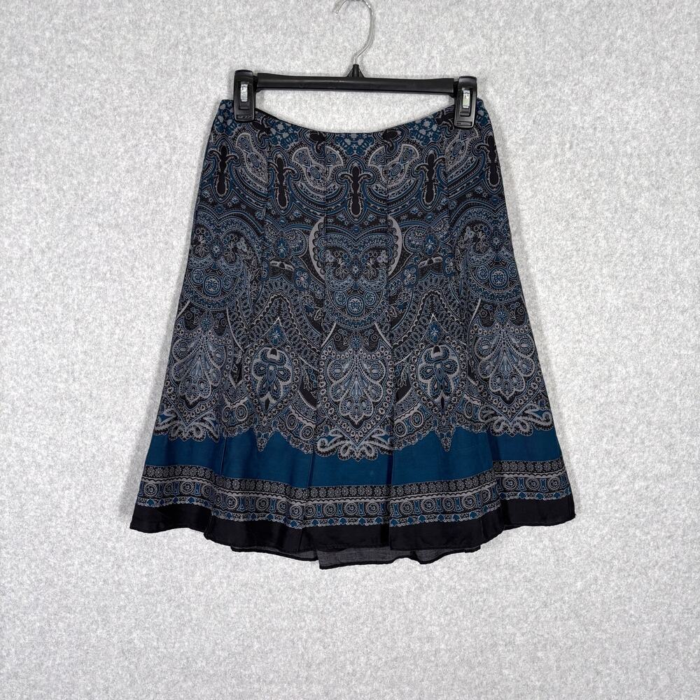 Ann Taylor Pleated Paisley Print Skirt 0P Mini Black Teal Flowy Boho Feminine